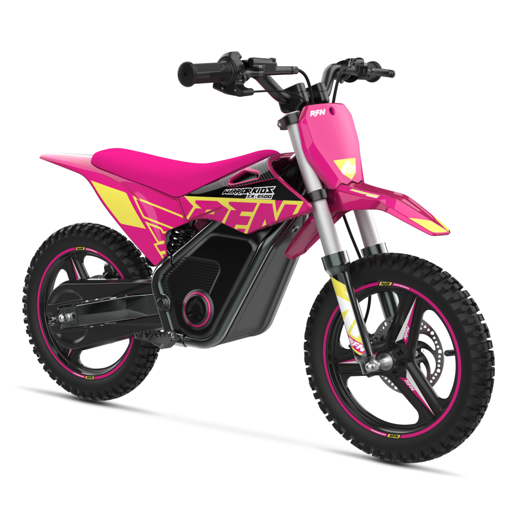 Electric dirt bike for kids in pink and yellow, the RFN Warrior