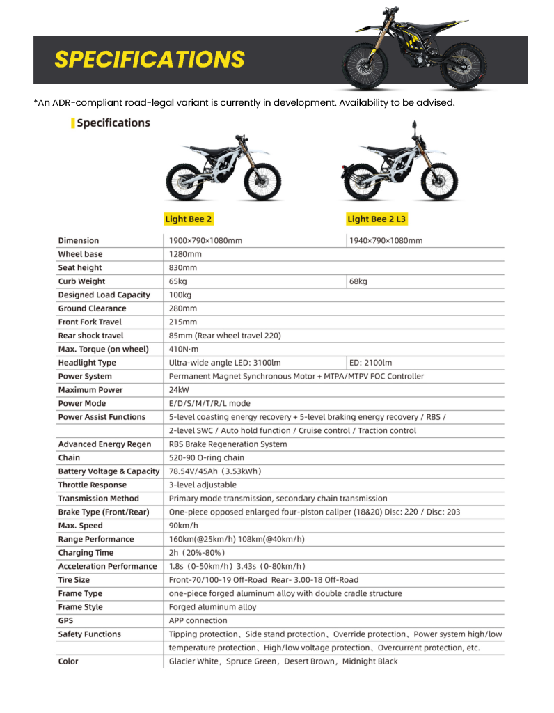 Surron Light Bee 2 specification overview graphic